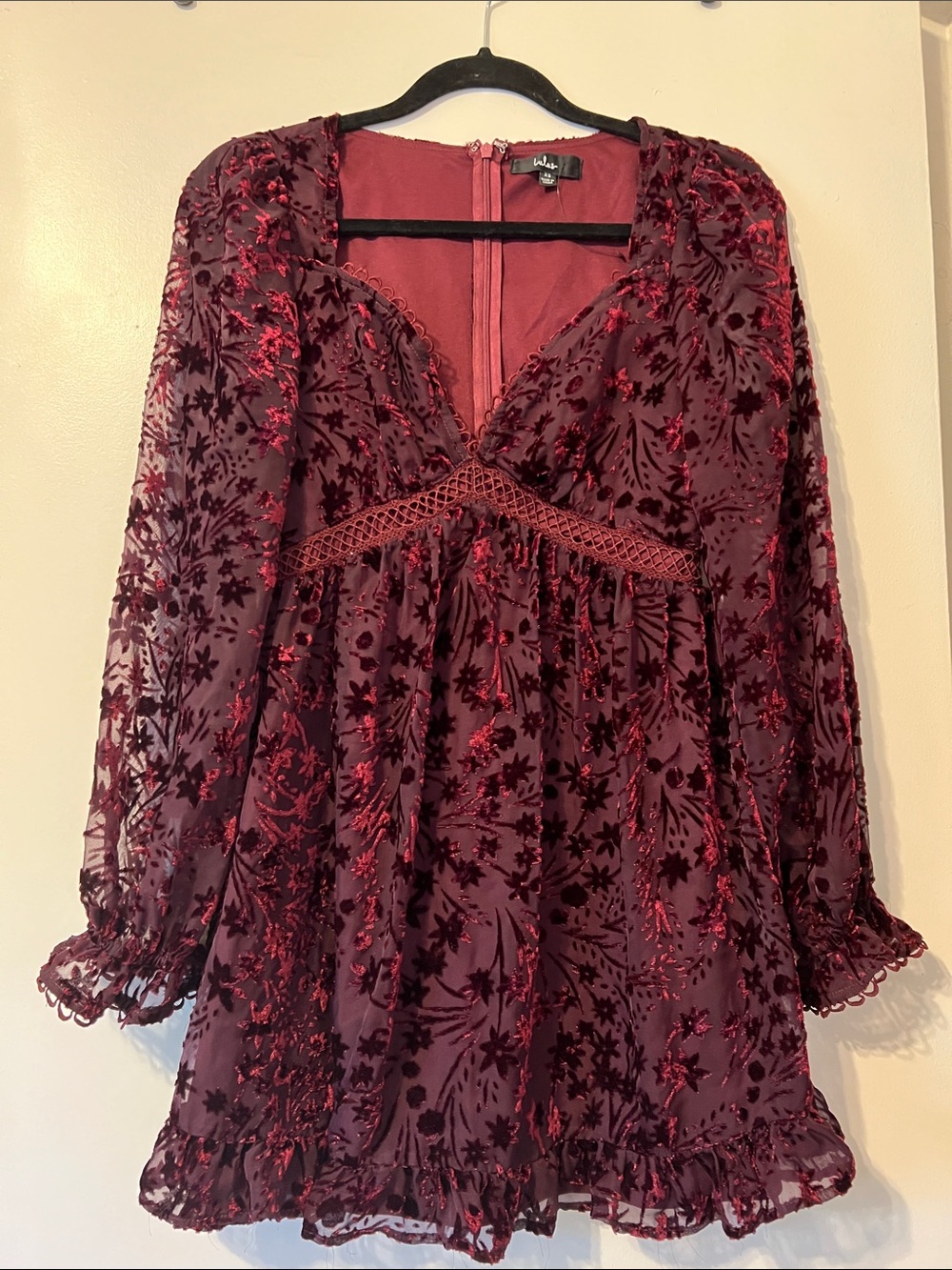 Lulus Burgundy Burnout Velvet Babydoll Mini Dress Red - Picture 2 of 3
